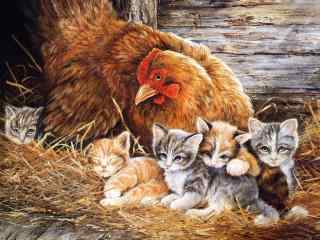 母鸡和可爱猫咪手绘壁纸