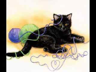 玩毛线的黑色猫咪手绘壁纸