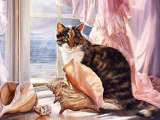 趴在窗边的猫咪手绘壁纸