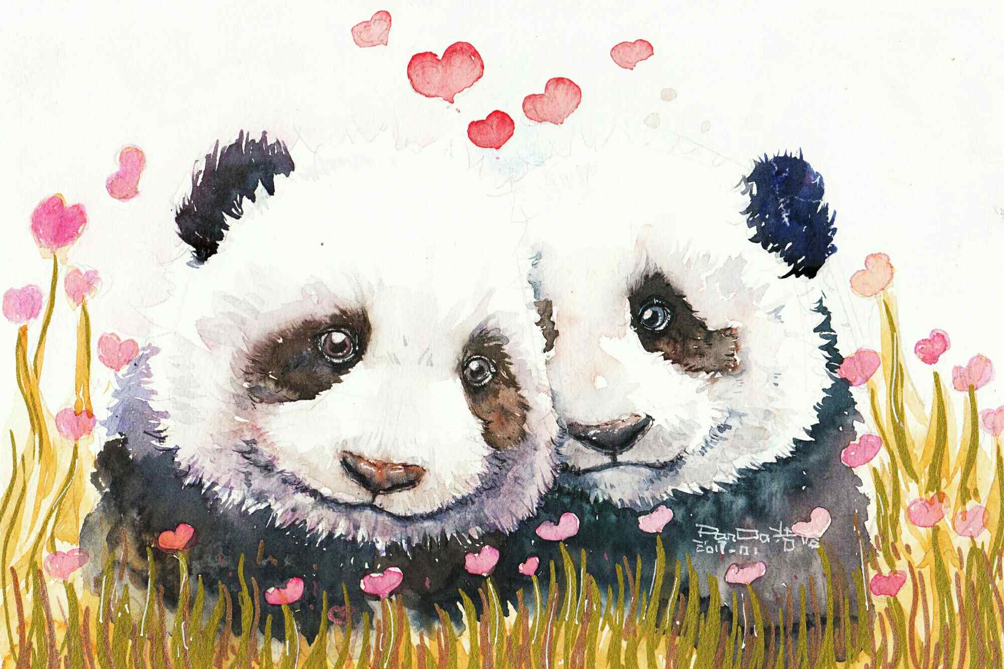 手绘花丛中两只熊猫恋爱桌面壁纸