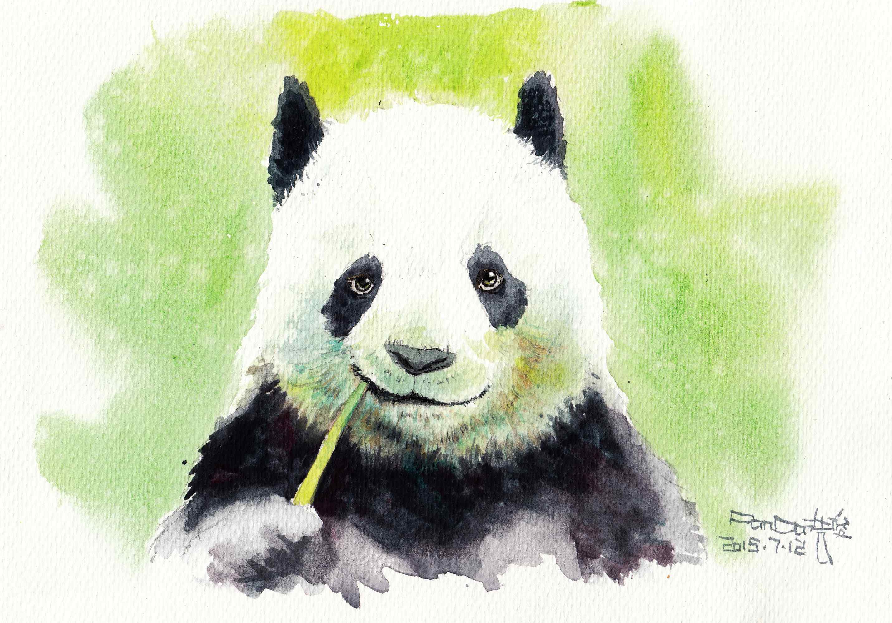 手绘开心吃着竹子的熊猫手机壁纸