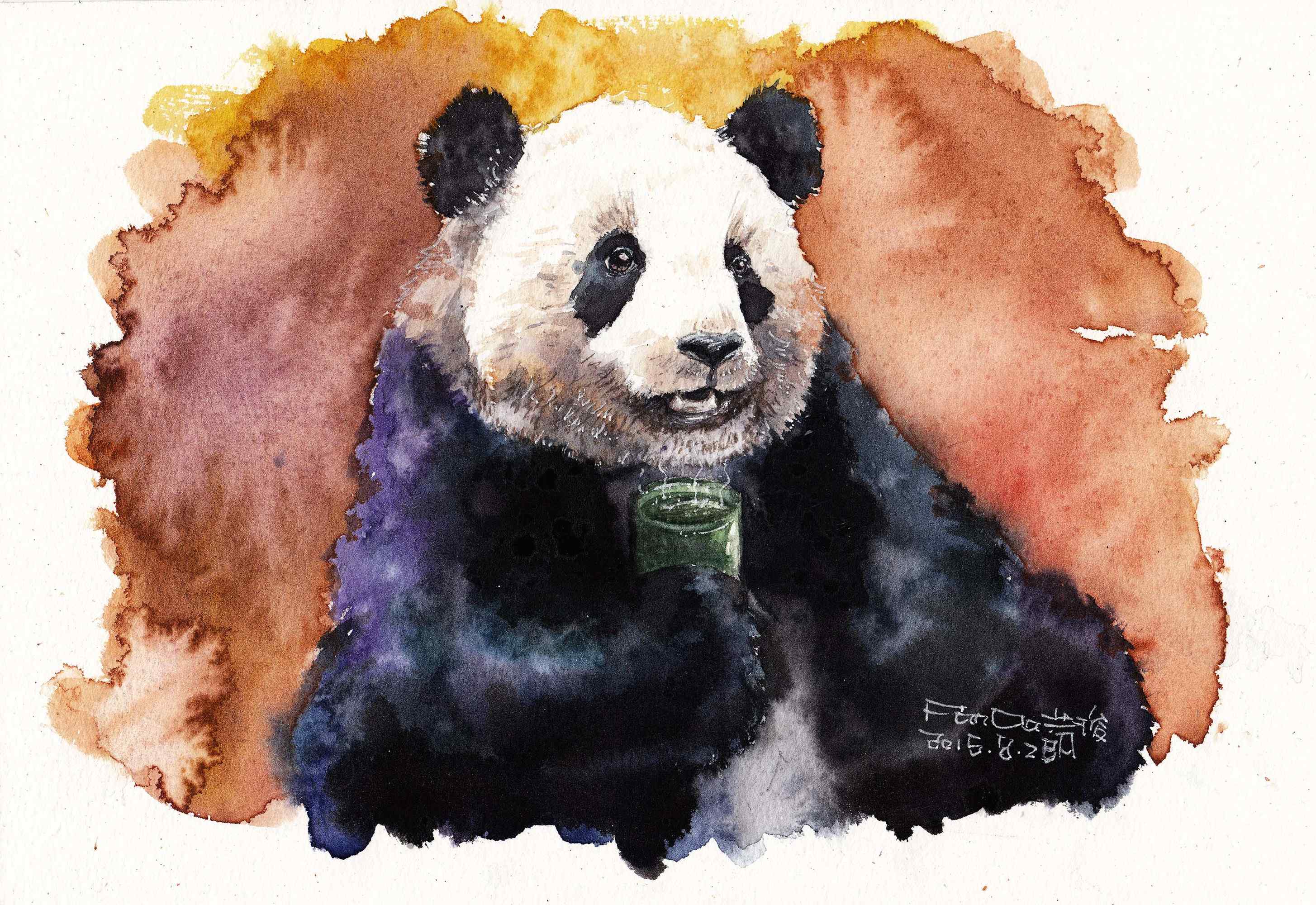 手绘创意熊猫品茶桌面壁纸