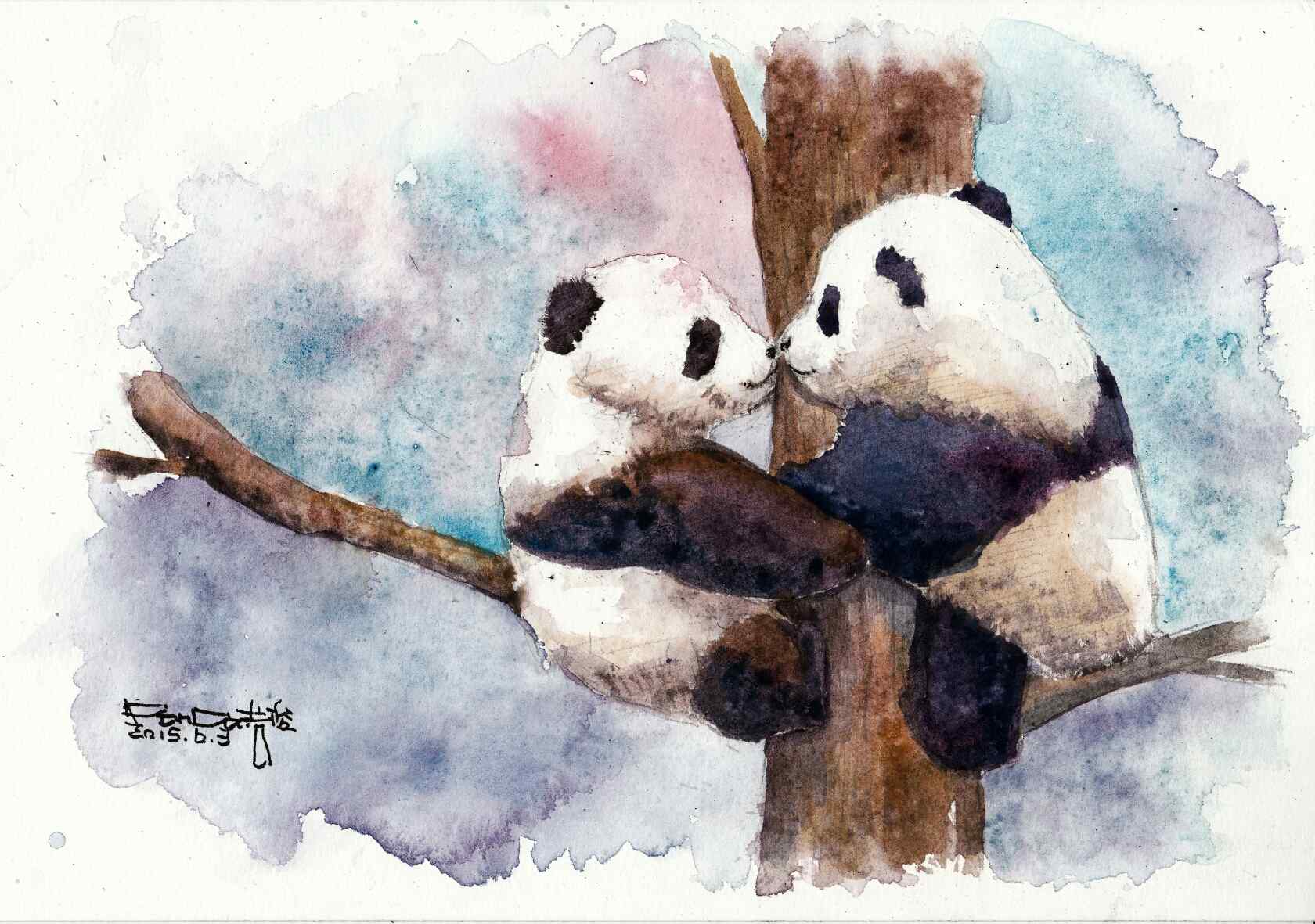手绘两只熊猫亲吻桌面壁纸