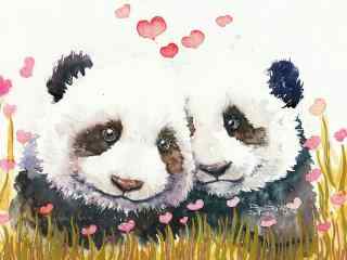手绘花丛中两只熊猫恋爱桌面壁纸