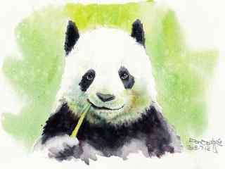 手绘开心吃着竹子的熊猫手机壁纸