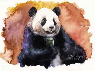 手绘创意熊猫品茶