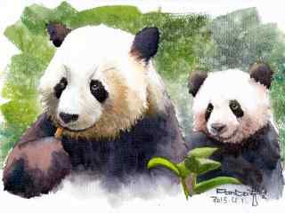 两只可爱大熊猫吃竹子桌面壁纸