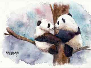 手绘两只熊猫亲吻桌面壁纸