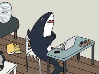 可爱动漫手绘鲨鱼变咸鱼桌面壁纸