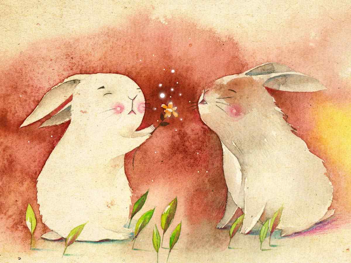 可爱手绘两只小兔子桌面壁纸