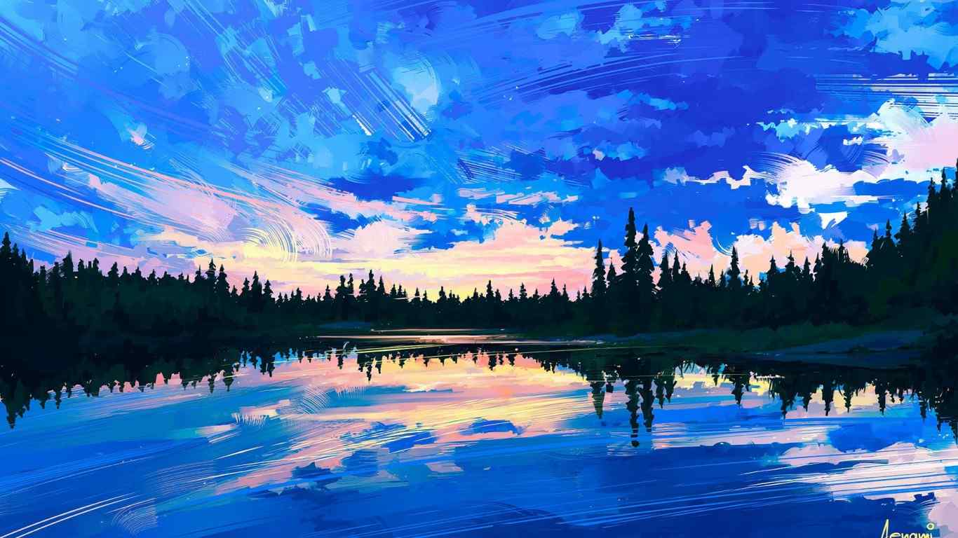湖水倒映着蓝天手绘风景壁纸