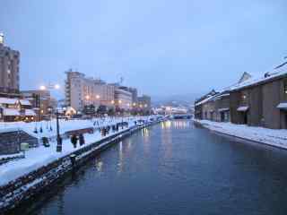 华灯初上唯美的小樽运河雪景北海道风光桌面壁纸