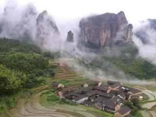 烟雾缭绕的仙居公盂村摄影桌面壁纸