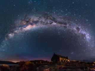 唯美新西兰好牧羊人教堂上的拱桥银河