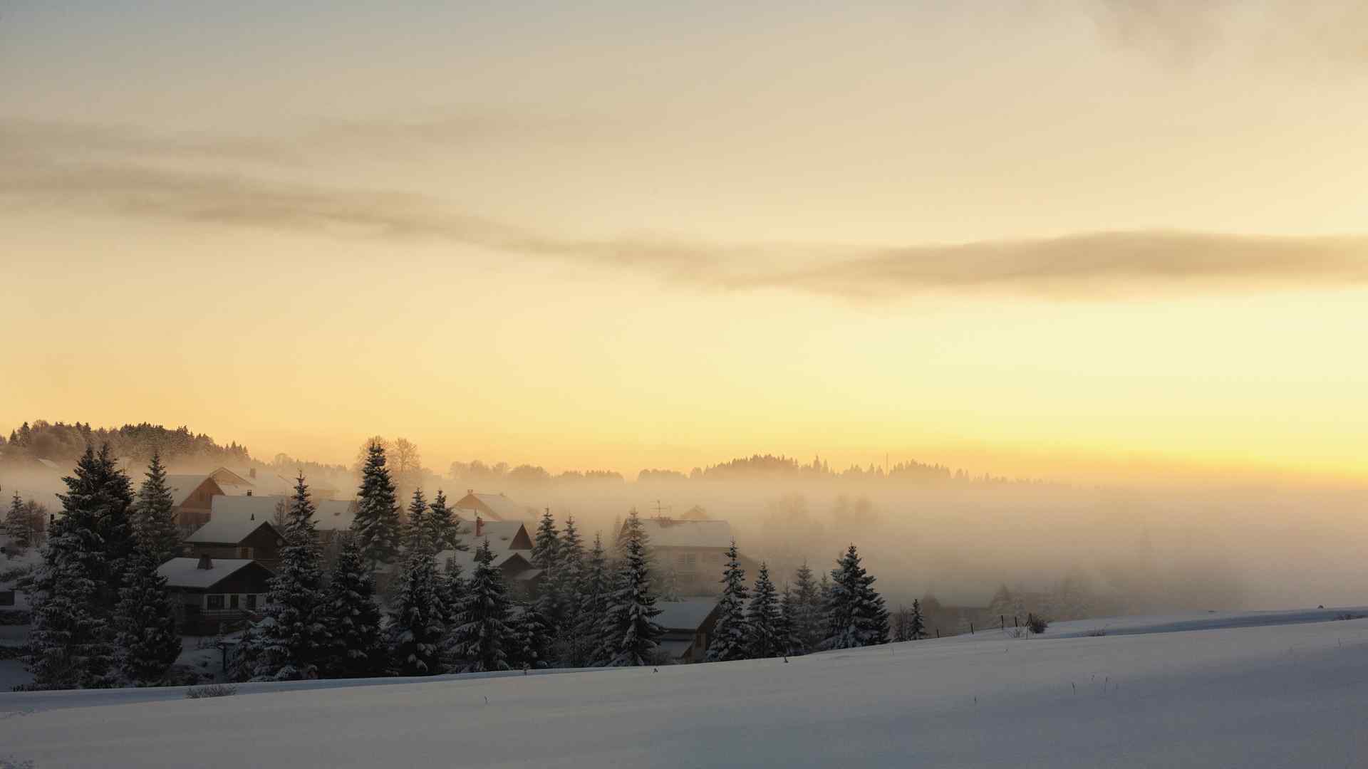 冬天晨雾中的日出雪景桌面壁纸