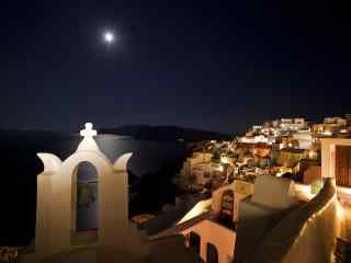 圣托里尼唯美夜景明亮月光图片高清桌面壁纸