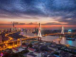 上海：夕阳下的杨浦大桥威严壮阔图片