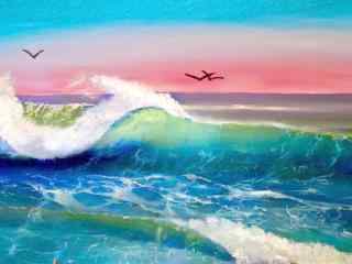 唯美海浪油画图片