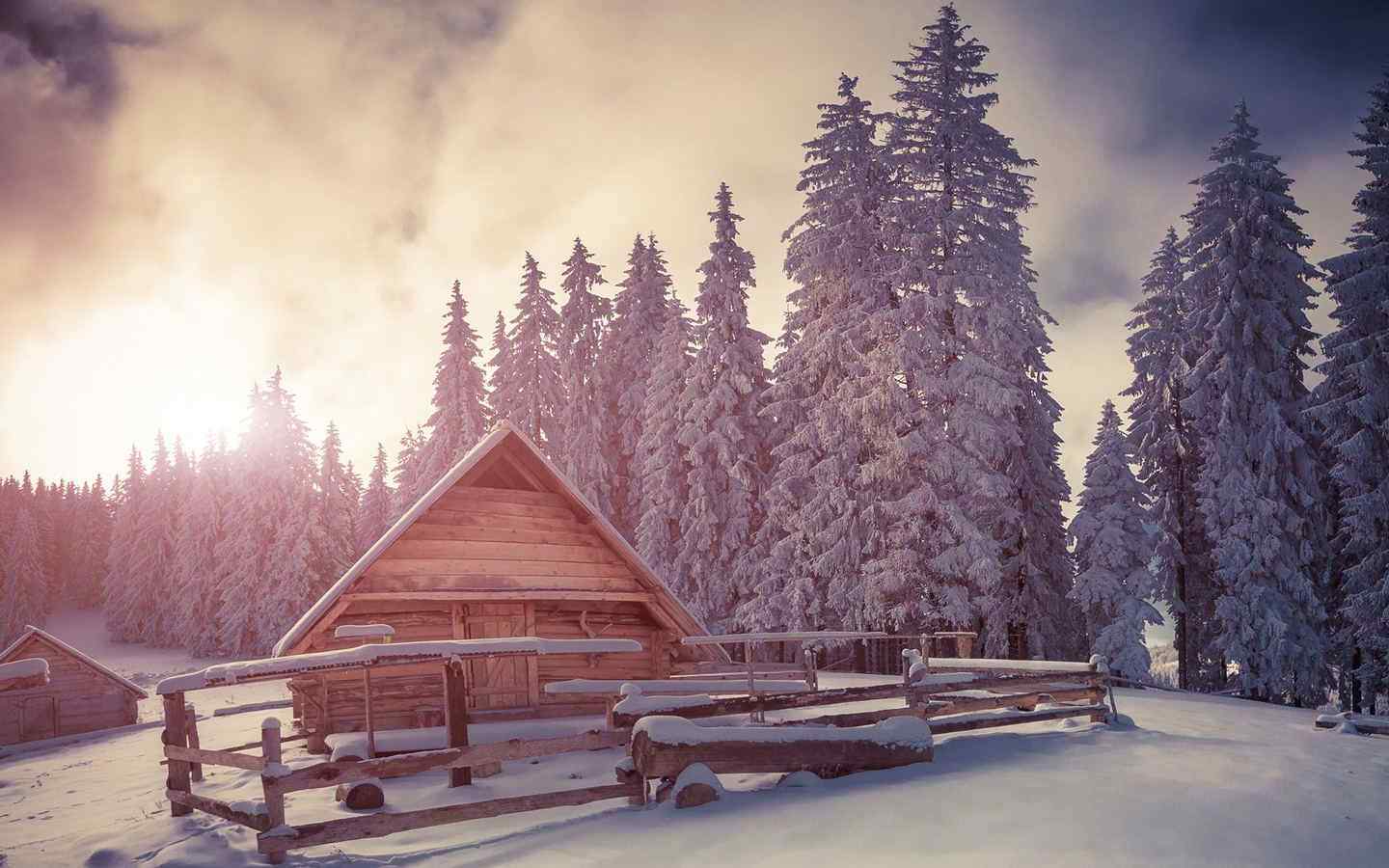 美丽的雪地小木屋风景桌面壁纸