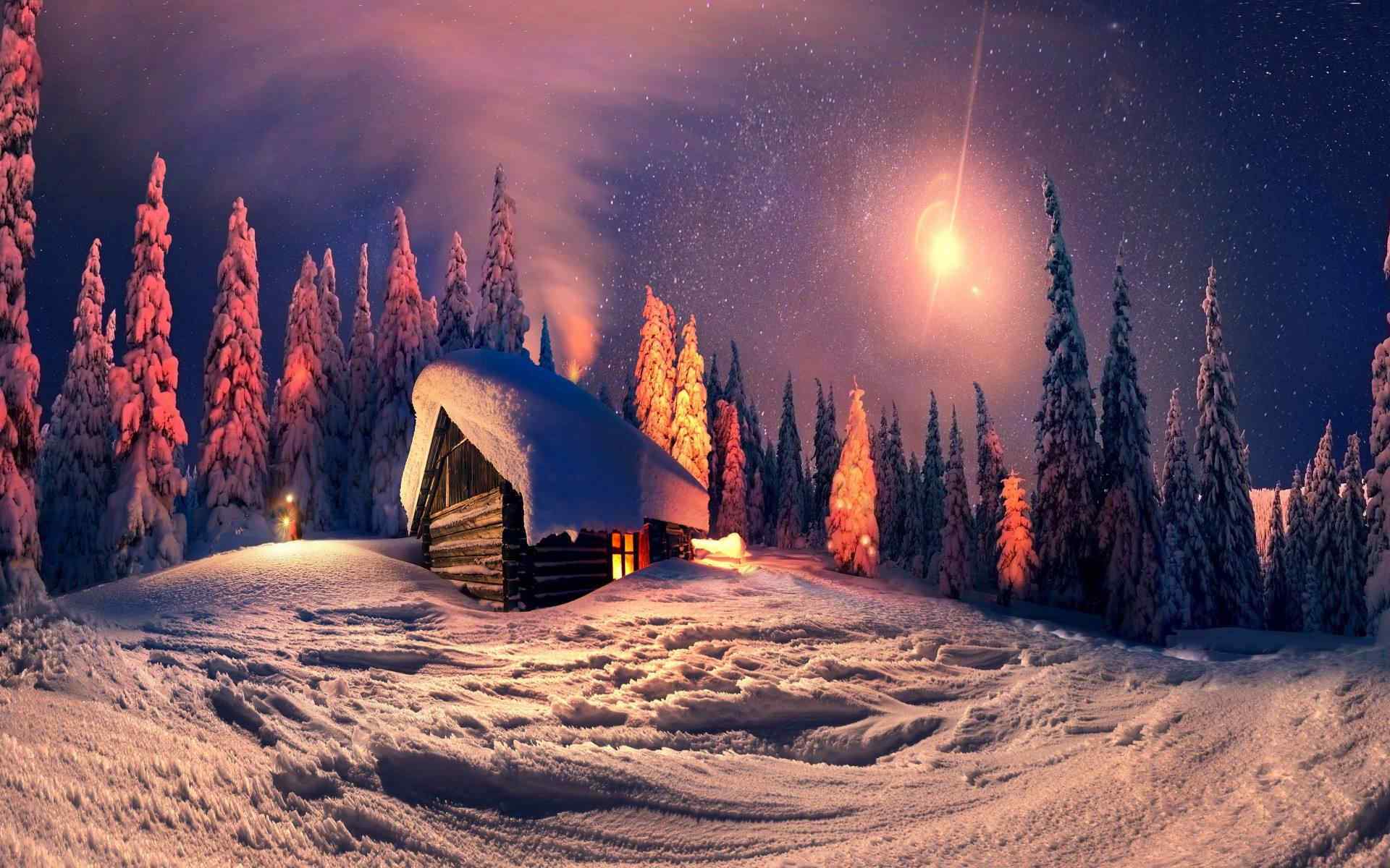 唯美的雪地小木屋风景壁纸