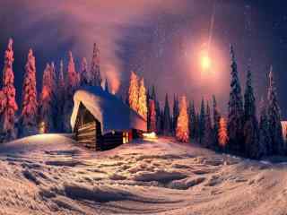 唯美的雪地小木屋风景壁纸