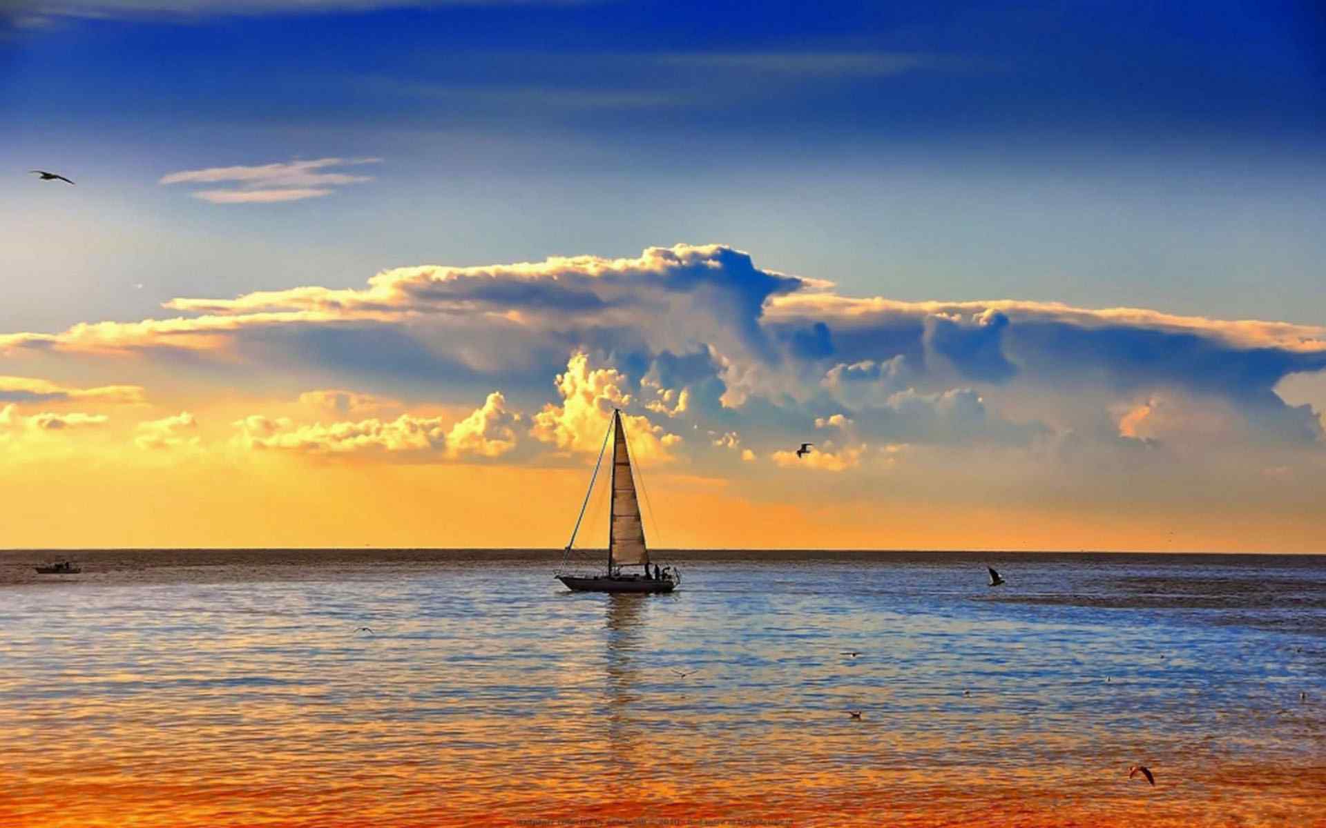 海边风景图片唯美海洋帆船海鸥自然风光高清桌面壁纸
