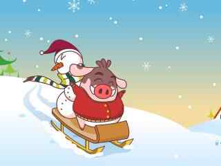 可爱小猪与雪人滑